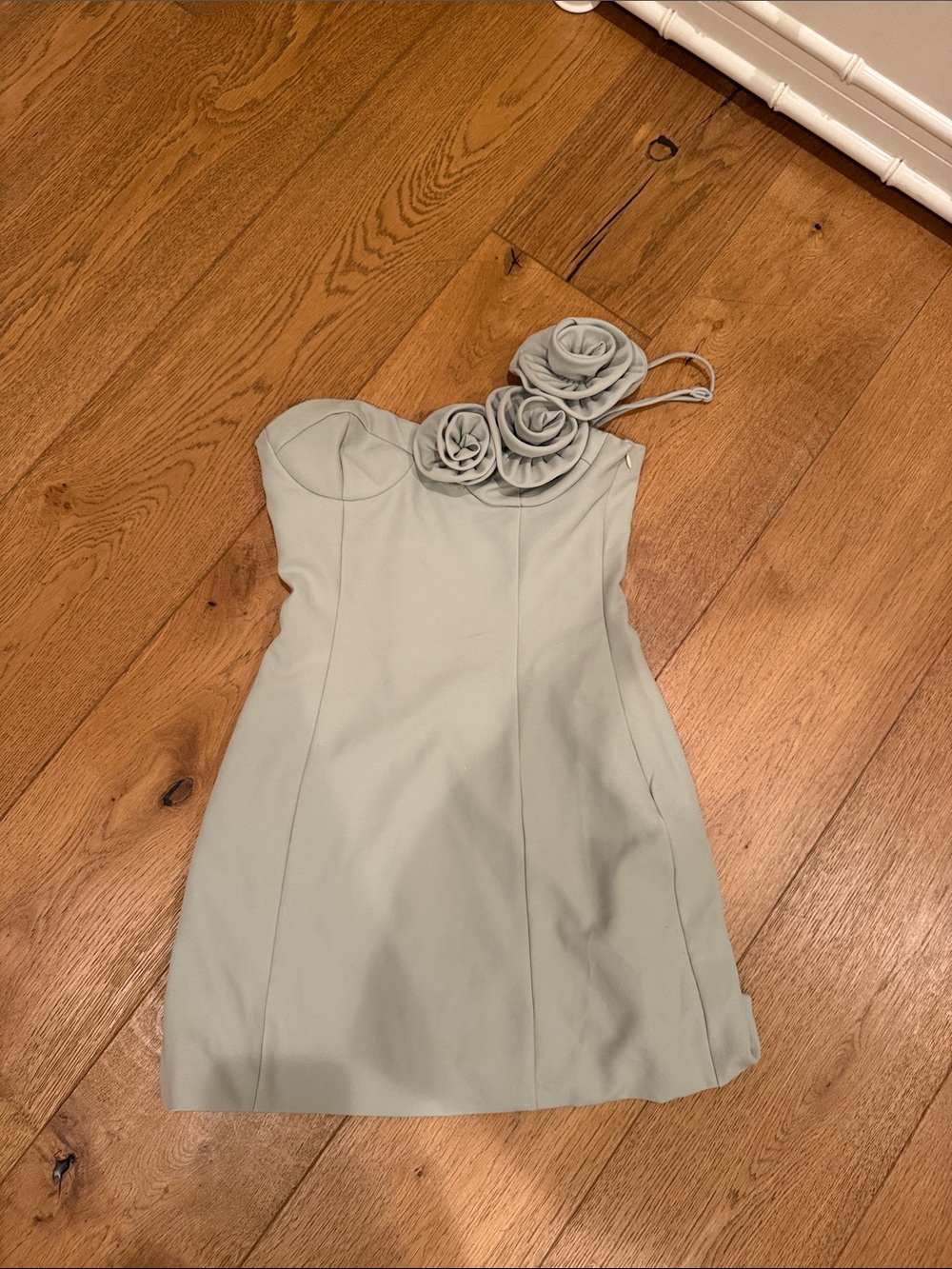 Strapless Sage Green Mini Dress with Rosette Detail - Picture 2 of 5